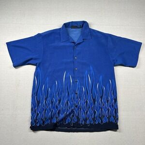 Vintage MT:2 Shirt Mens L Flames Y2K Camp Polyester Button Blue Fire 90s